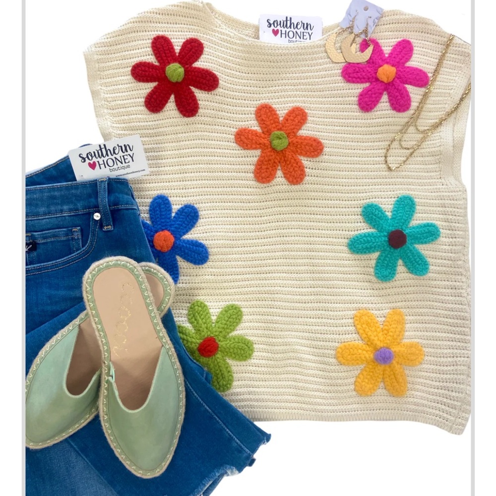 BiBi Cream Crochet Top with Colorful Floral Accents